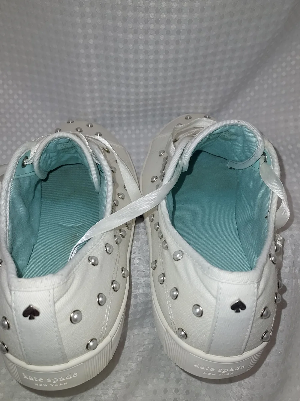 kate spade White Satin Lace-Up Sneakers with Silver Studs